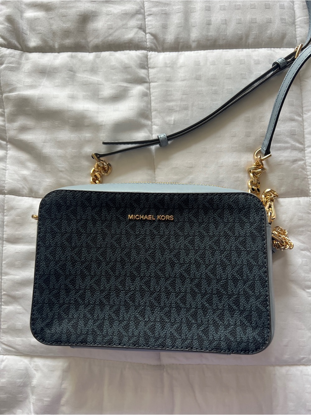 Michael Kors Monogram Crossbody Bag in Blue and Light Blue Trim